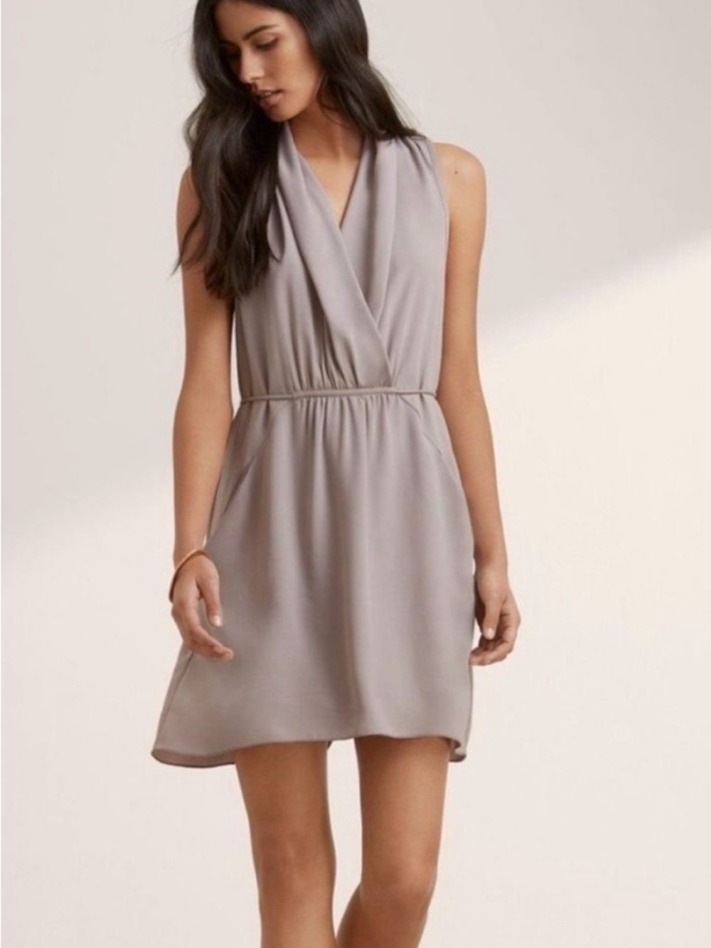 Aritzia Wilfred Taupe Sleeveless Drape Neck Mini Dress